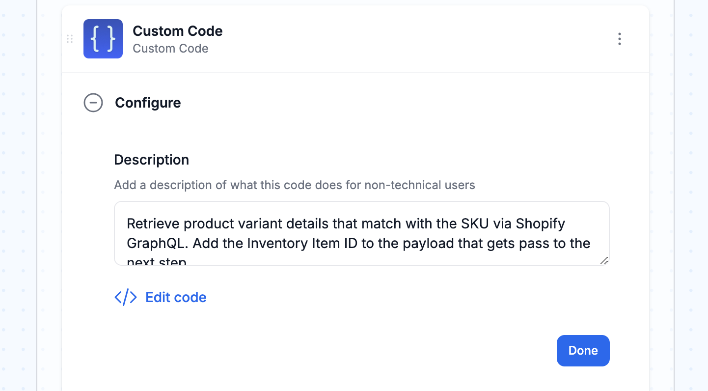 Click "Edit Code" in the Code Step