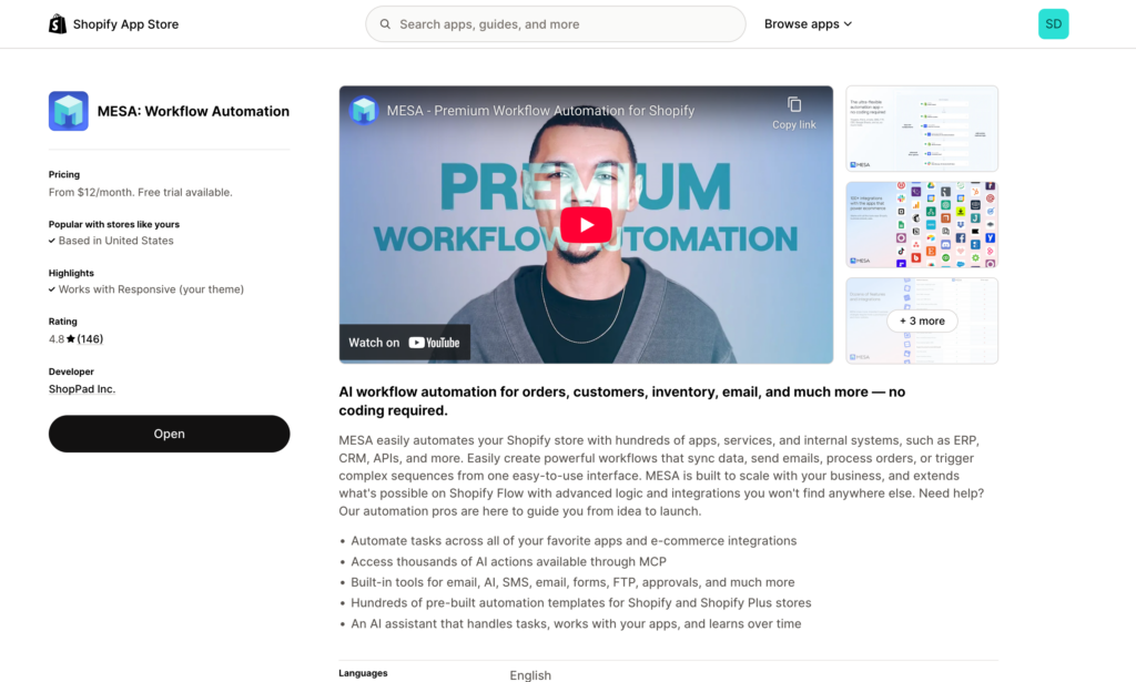 Shopify App Store page: MESA