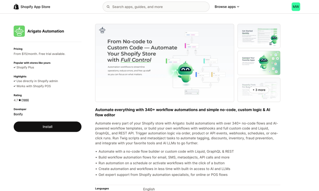 Arigato: Shopify App Store listing