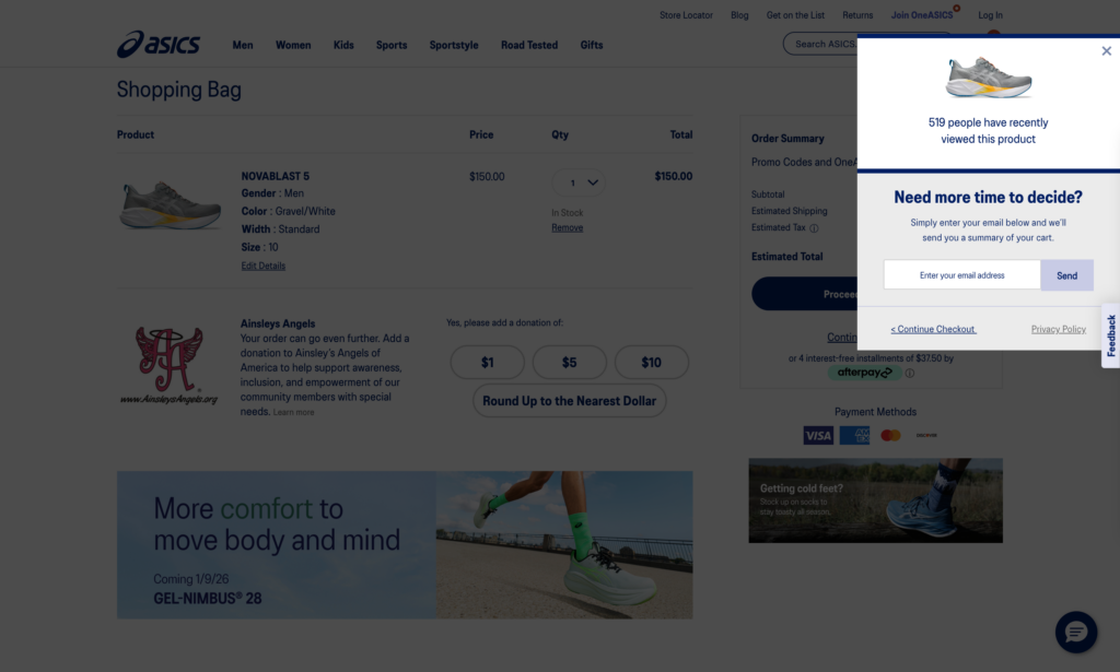 Asics exit intent modal on cart summary
