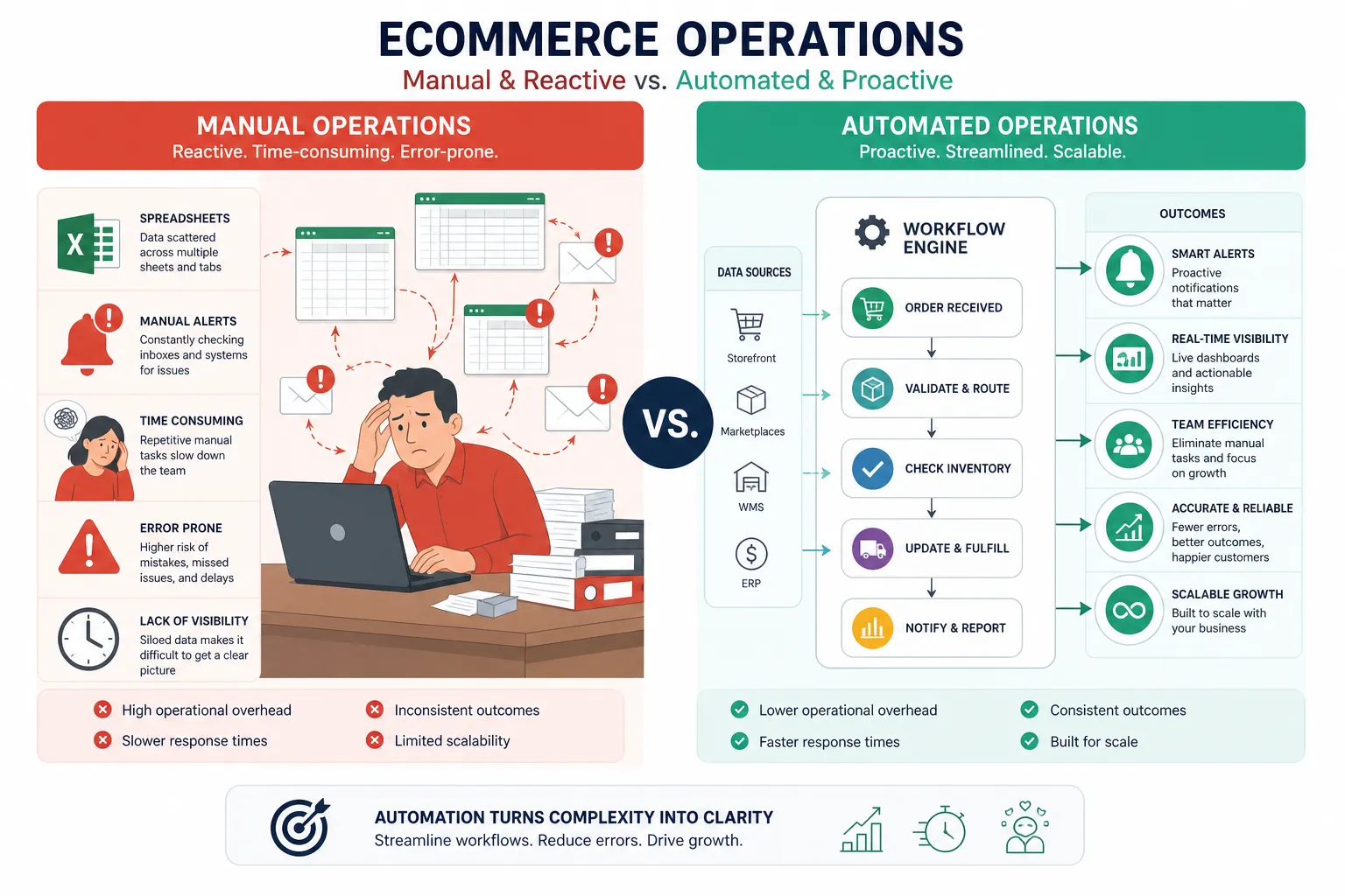 Illustration comparing manual ecommerce operations with automated workflows
