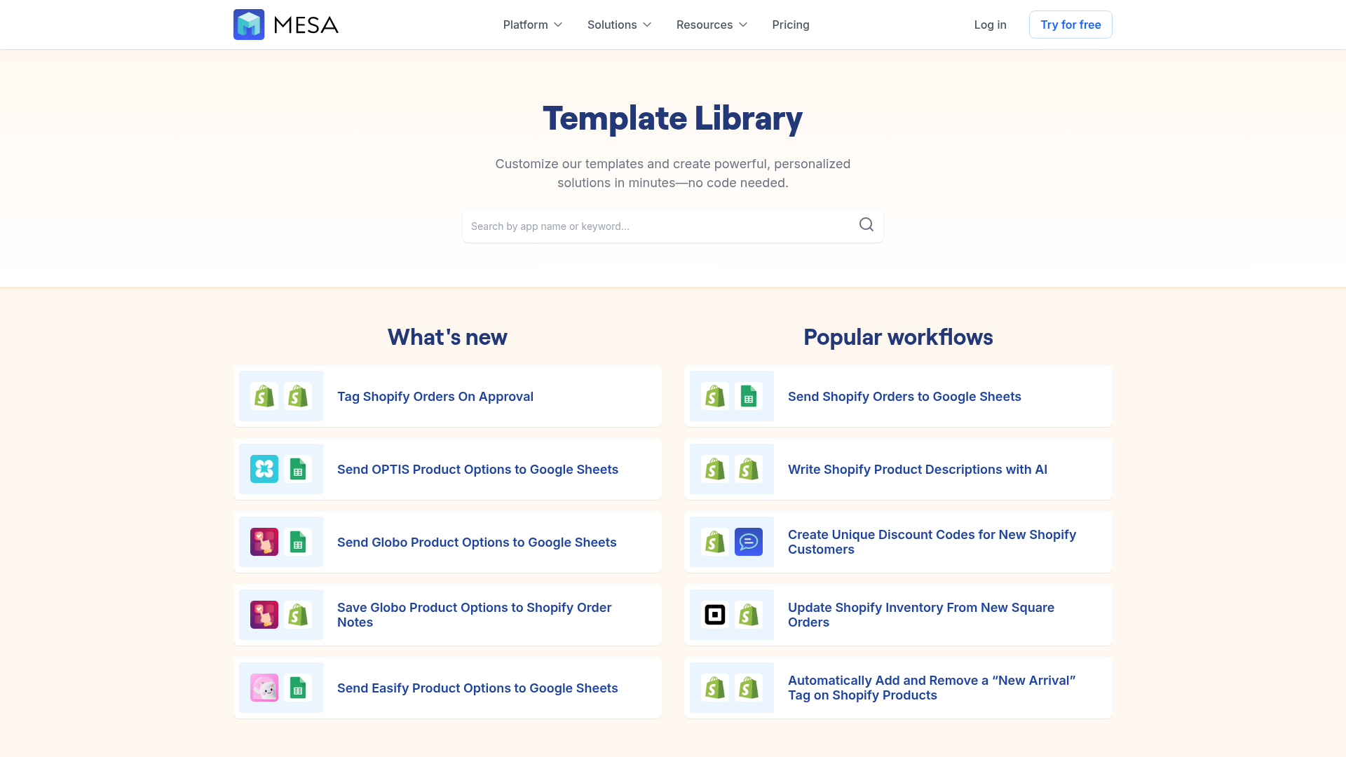 Screenshot of MESA workflow templates library