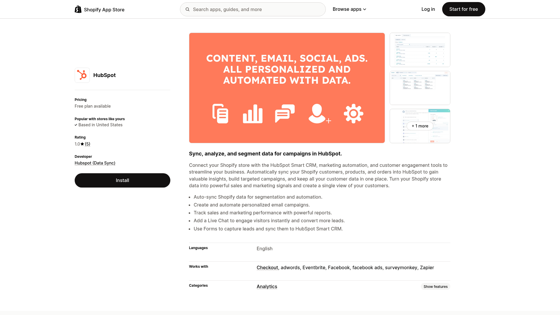 Screenshot of HubSpot app listing on the Shopify App Store