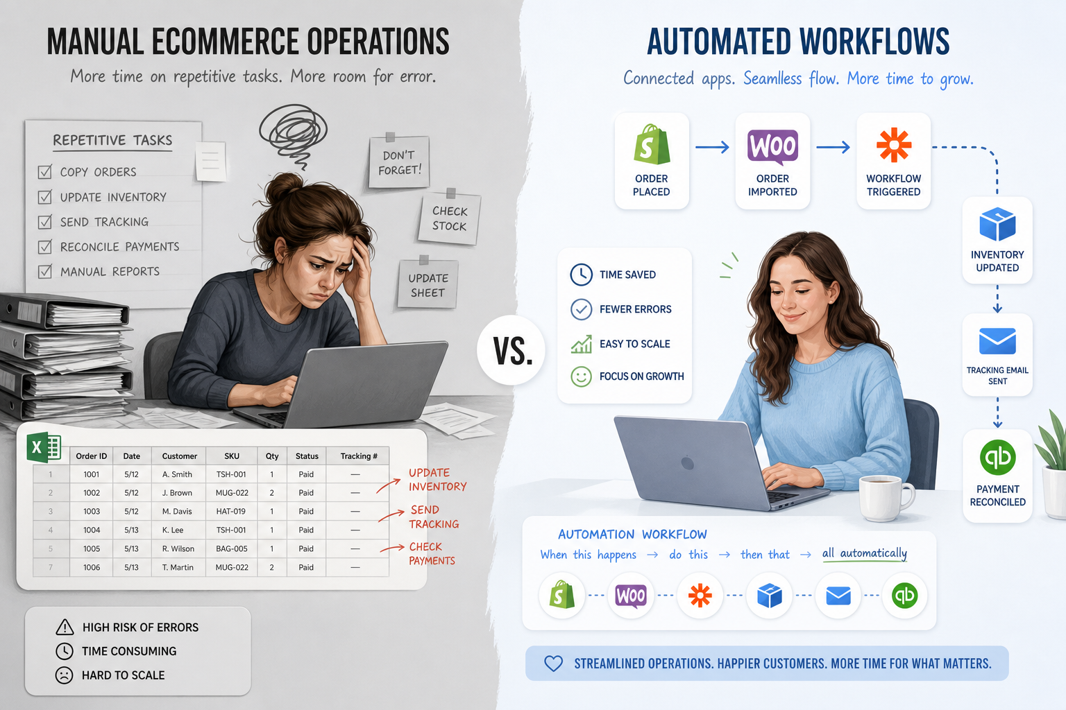 Illustration comparing manual ecommerce work and automated workflows