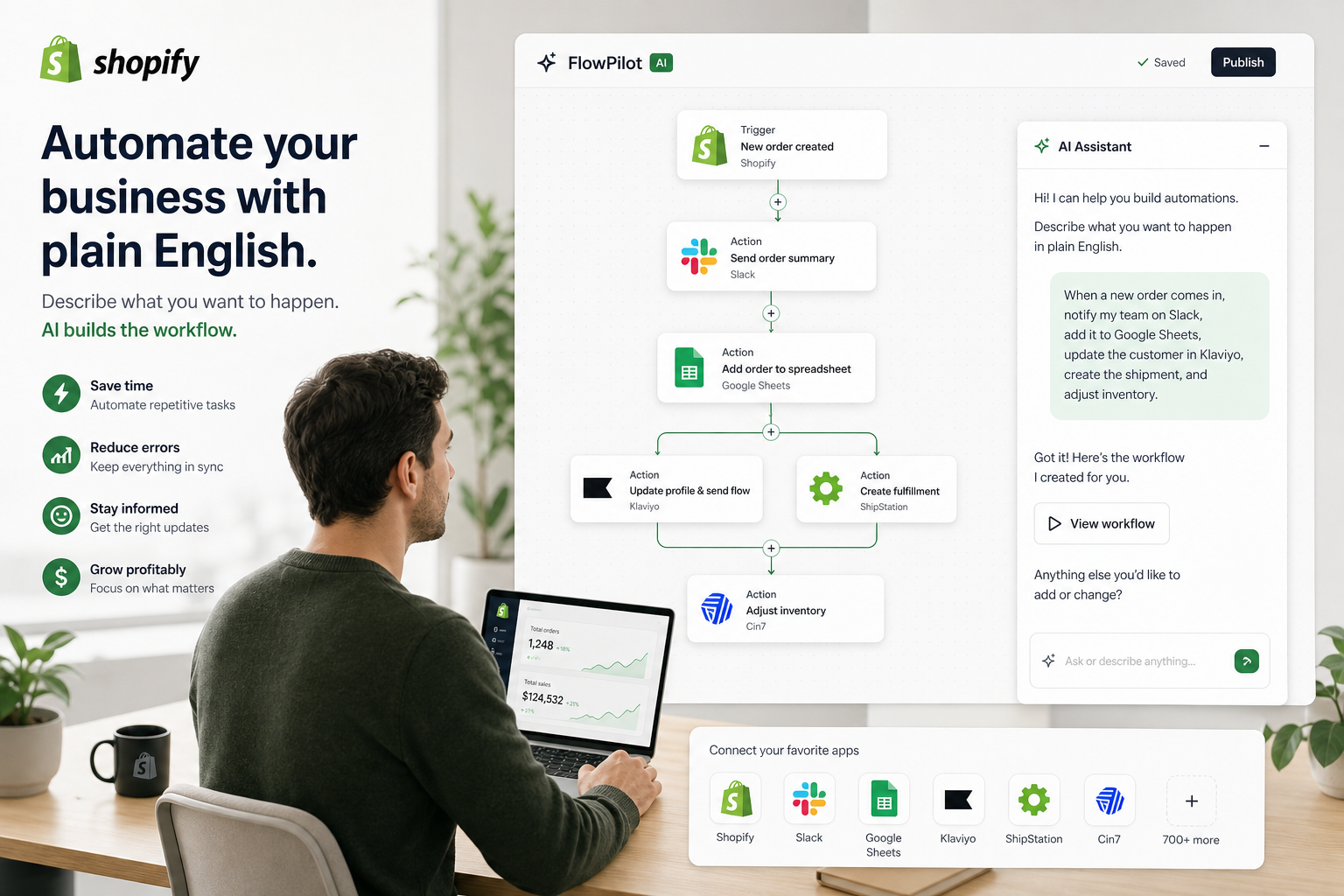 Illustration of merchant using AI assistant to build Shopify workflows