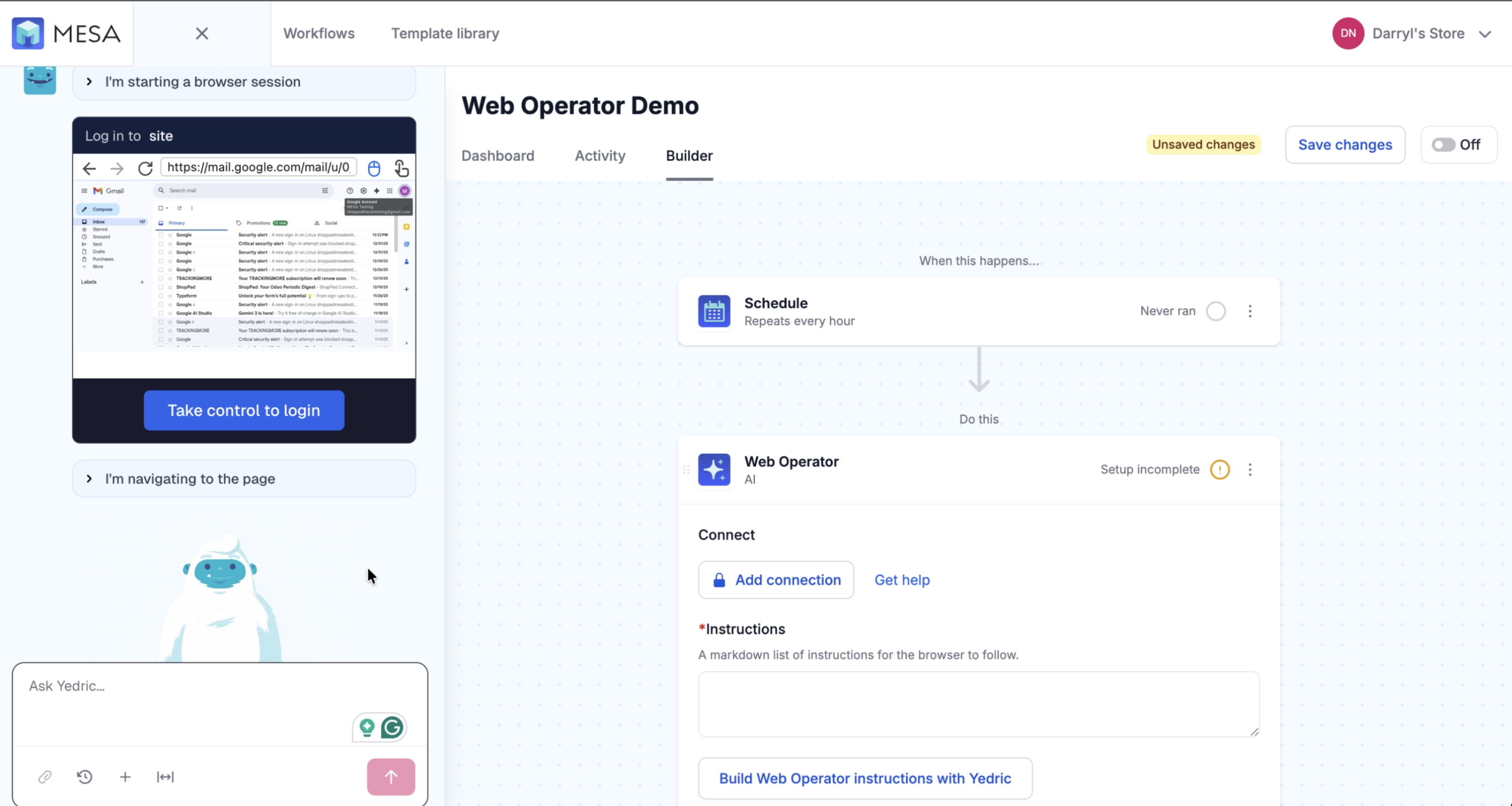 MESA Web Operator action running a live browser session alongside Yedric in the workflow builder