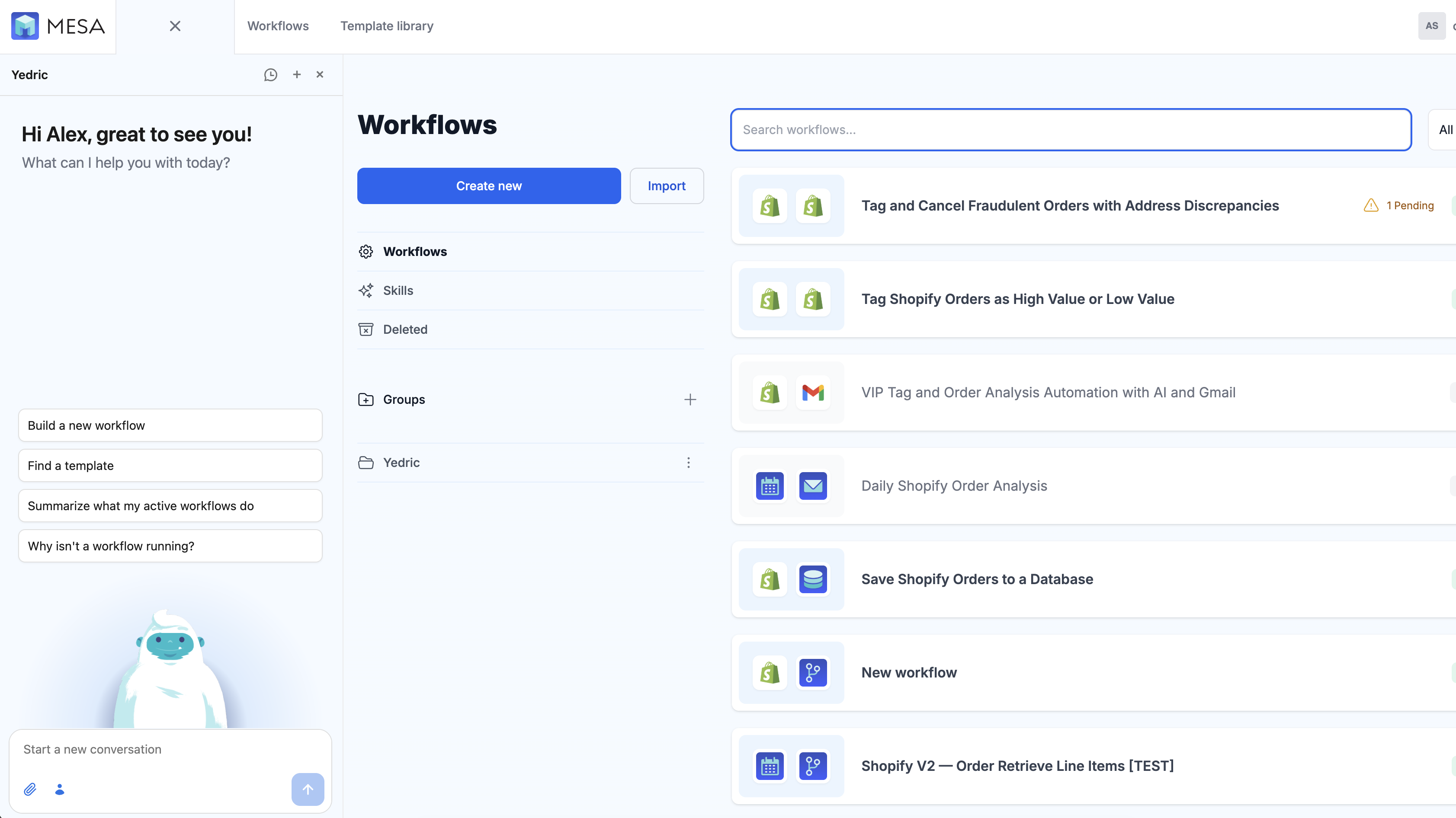 MESA's Workflows list with the Yedric panel suggesting prompts to build a new workflow, find a template, summarize active workflows, or ask why a workflow isn't running
