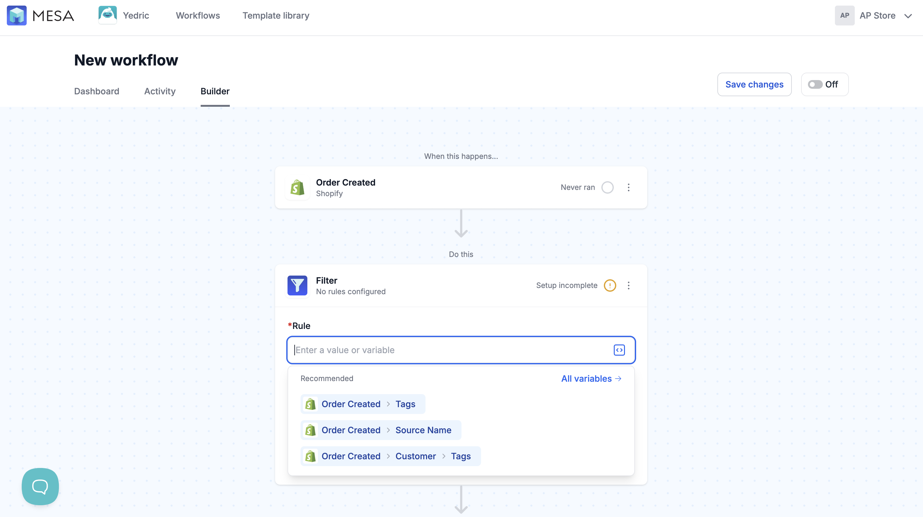A MESA Filter step's Rule field with a Recommended variables dropdown listing order tags, source name, and customer tags