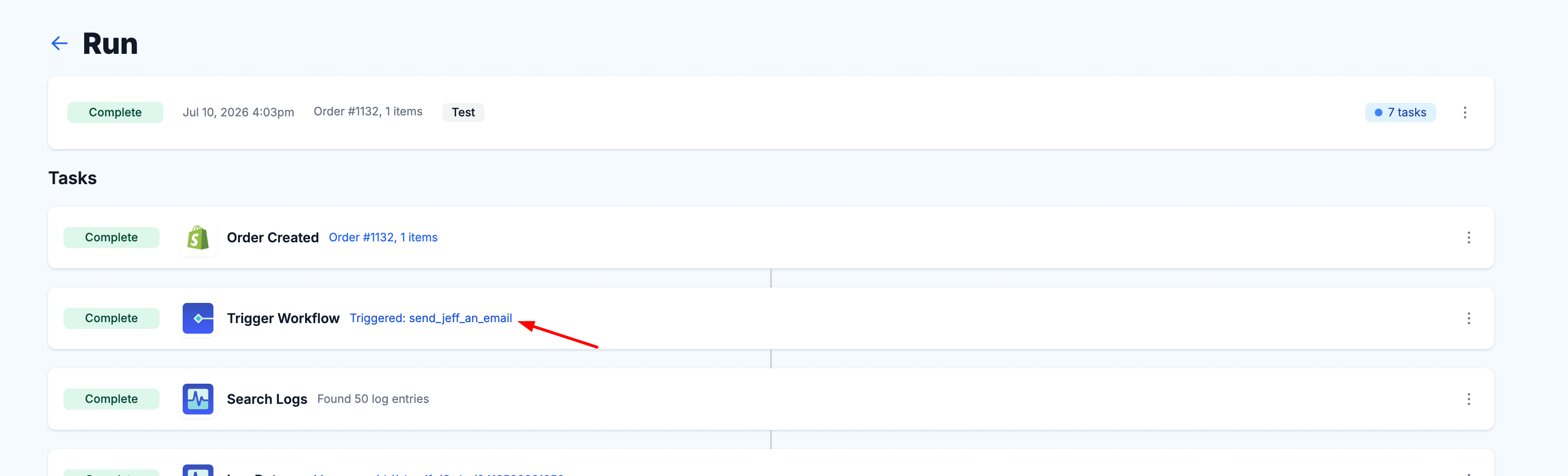 A completed MESA workflow run in the Activity list showing a Trigger Workflow task with a link to the child workflow it triggered