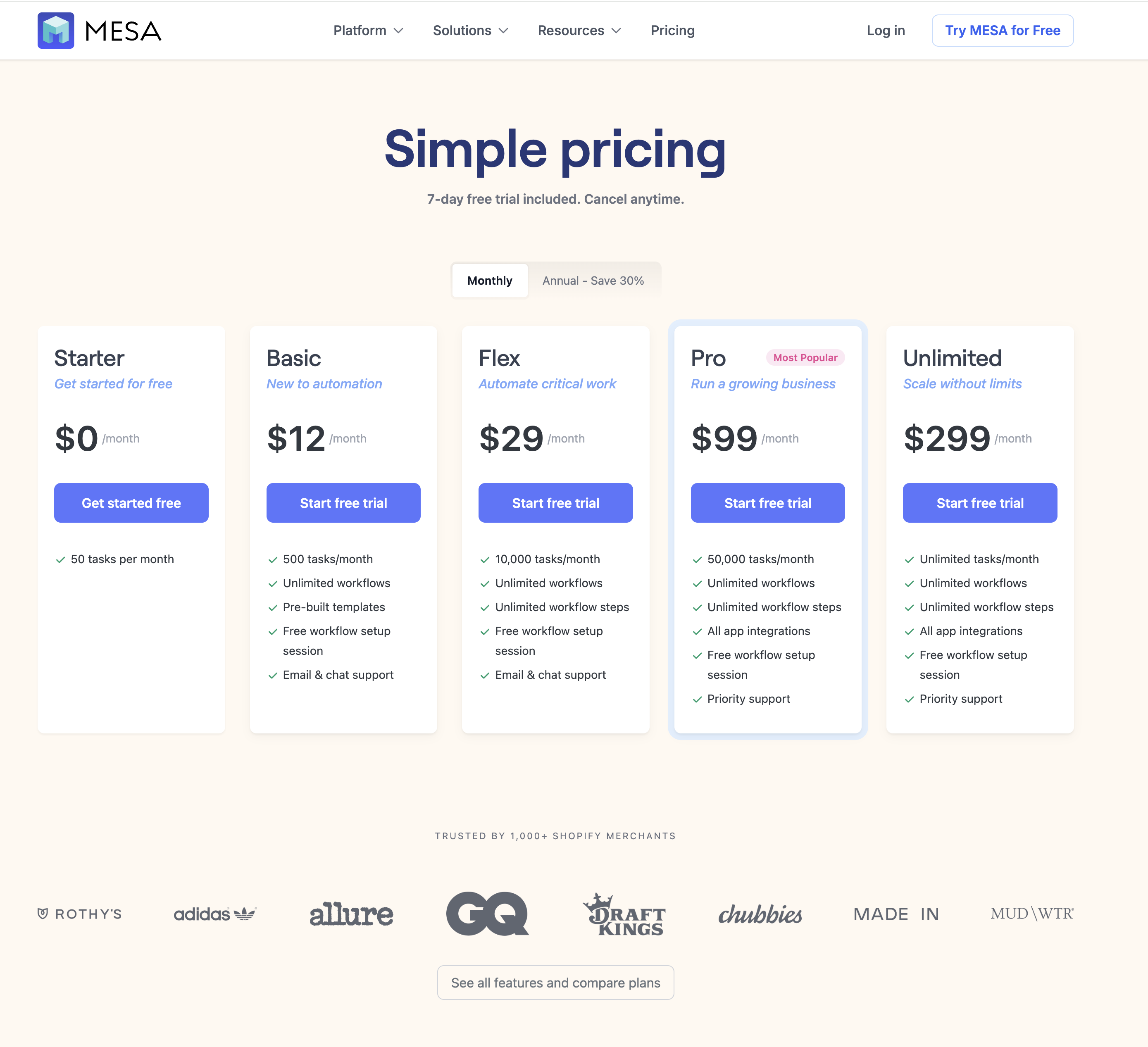 MESA's pricing page showing a new Starter plan at $0 per month with 50 tasks per month, next to the Basic, Flex, Pro, and Unlimited plans