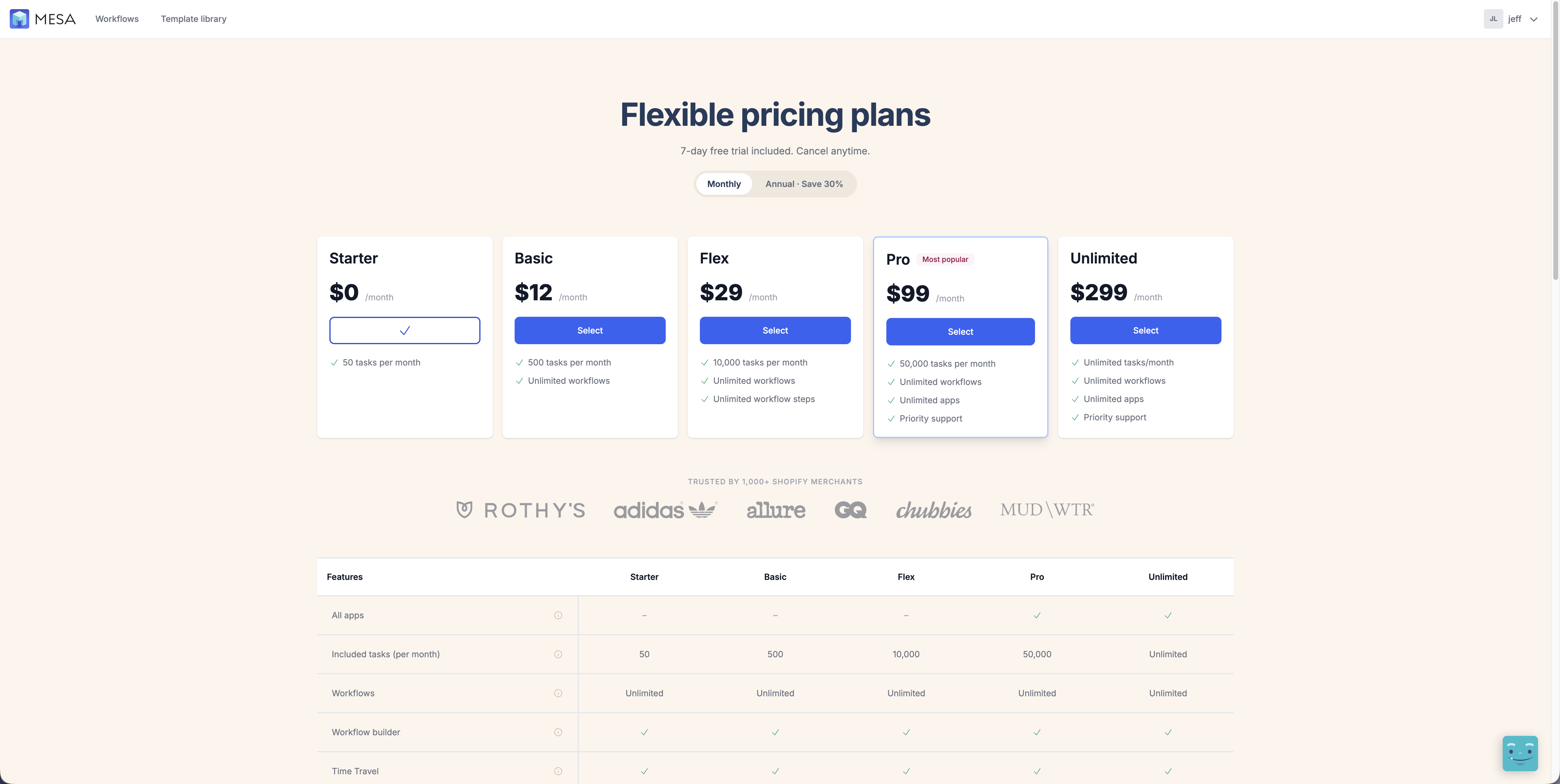 MESA's in-app plan picker with the free Starter plan selected, above a feature comparison table showing included tasks per month, workflows, and workflow builder access for each plan