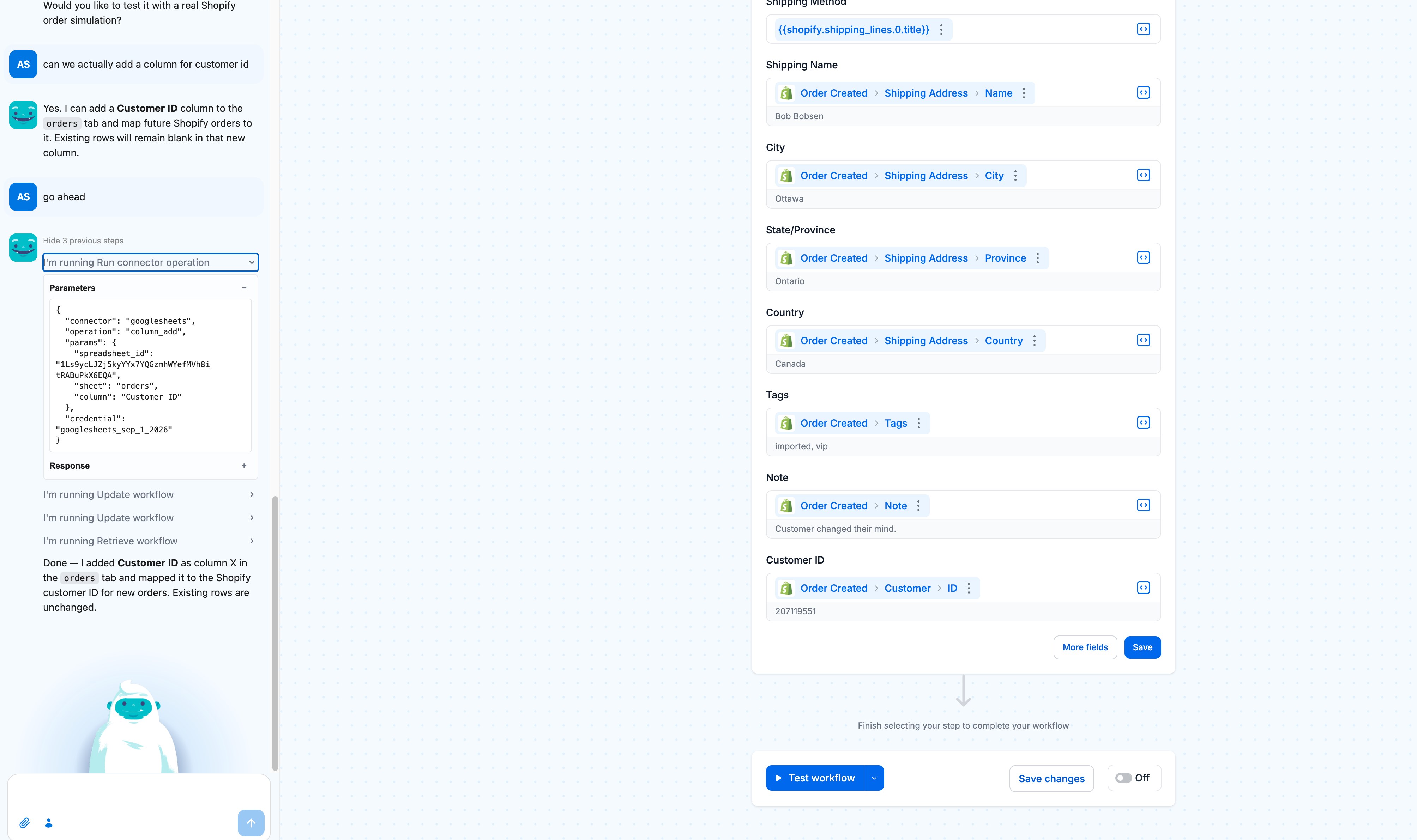MESA workflow builder with the MESA AI assistant chat panel on the left adding a Customer ID column to a Google Sheets orders tab, and the Google Sheets step on the right with a new Customer ID field mapped to the Shopify Order Created customer ID