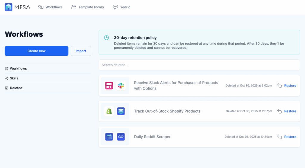 Restore deleted workflows