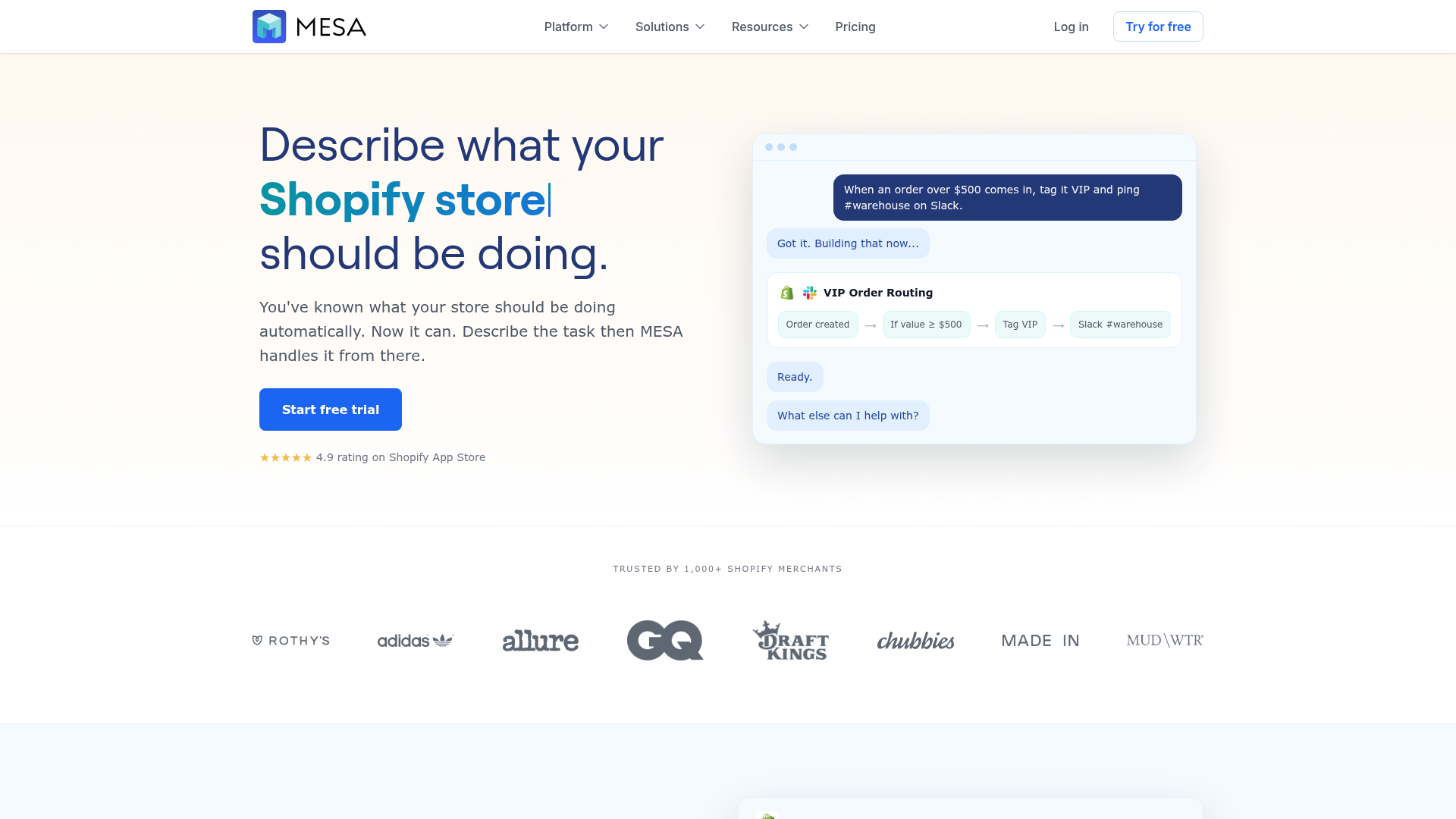 Screenshot of MESA Shopify automation platform homepage