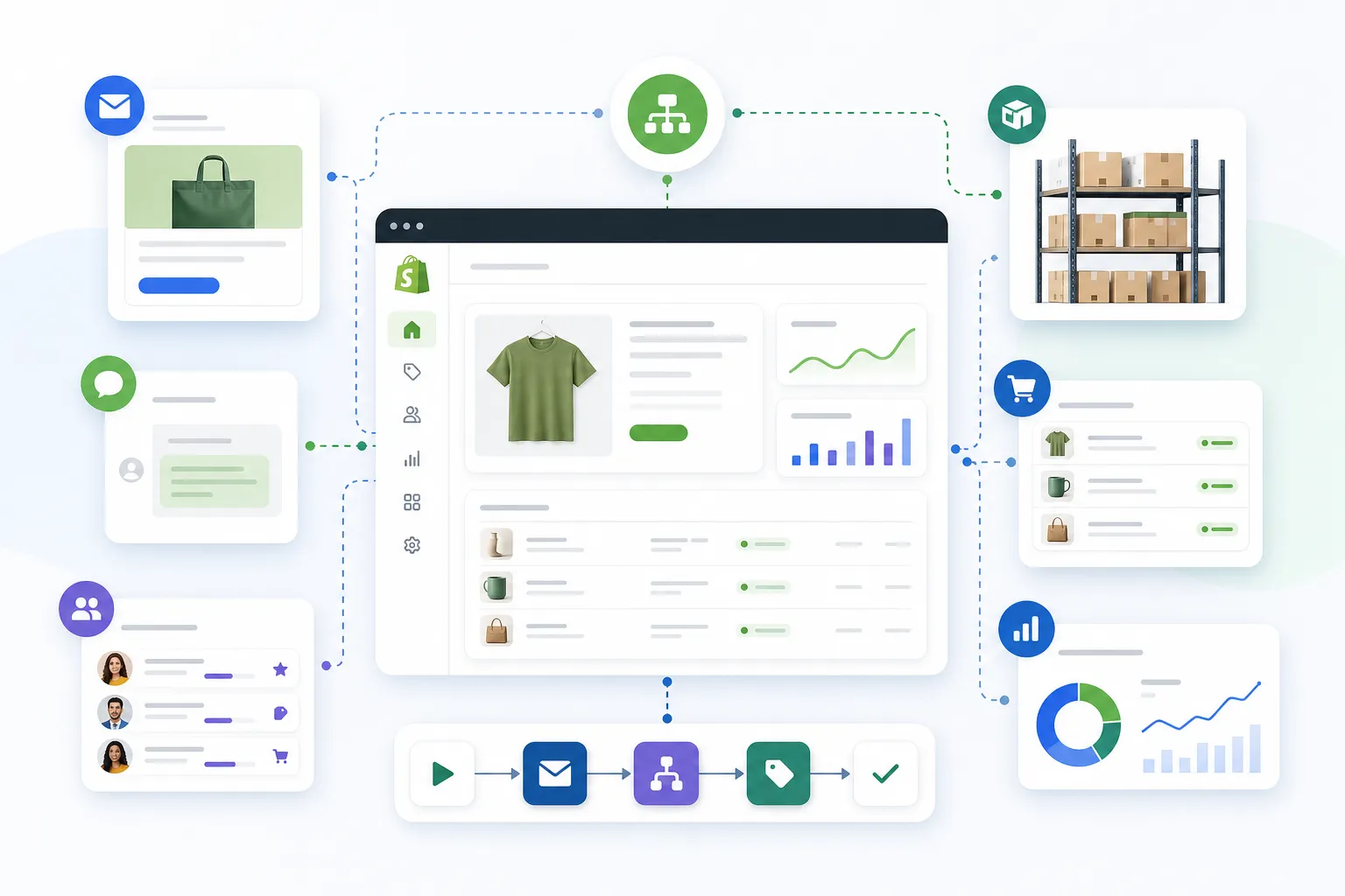 Hero illustration showing Shopify marketing automation connecting campaigns, customer segments, orders, inventory, and analytics