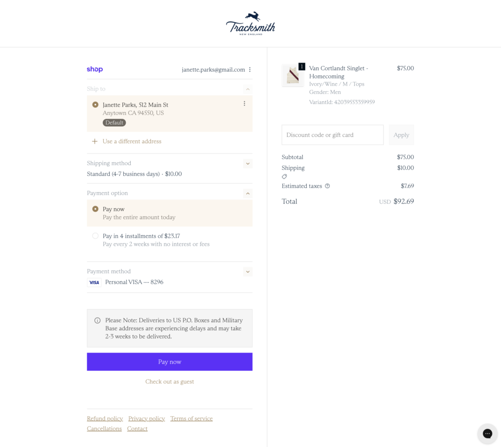 tracksmith checkout page