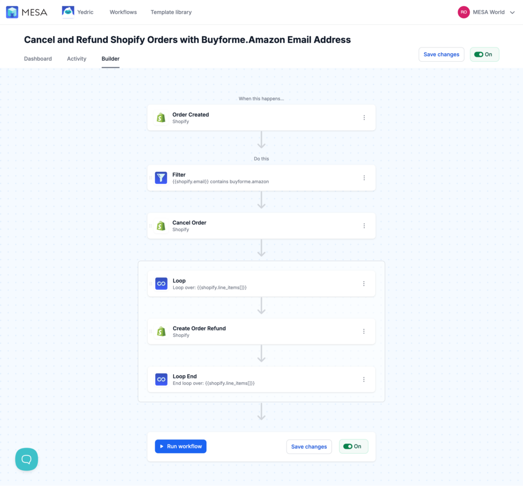 MESA workflow: Cancel and Refund Shopify Orders with Buyforme.Amazon Email Address