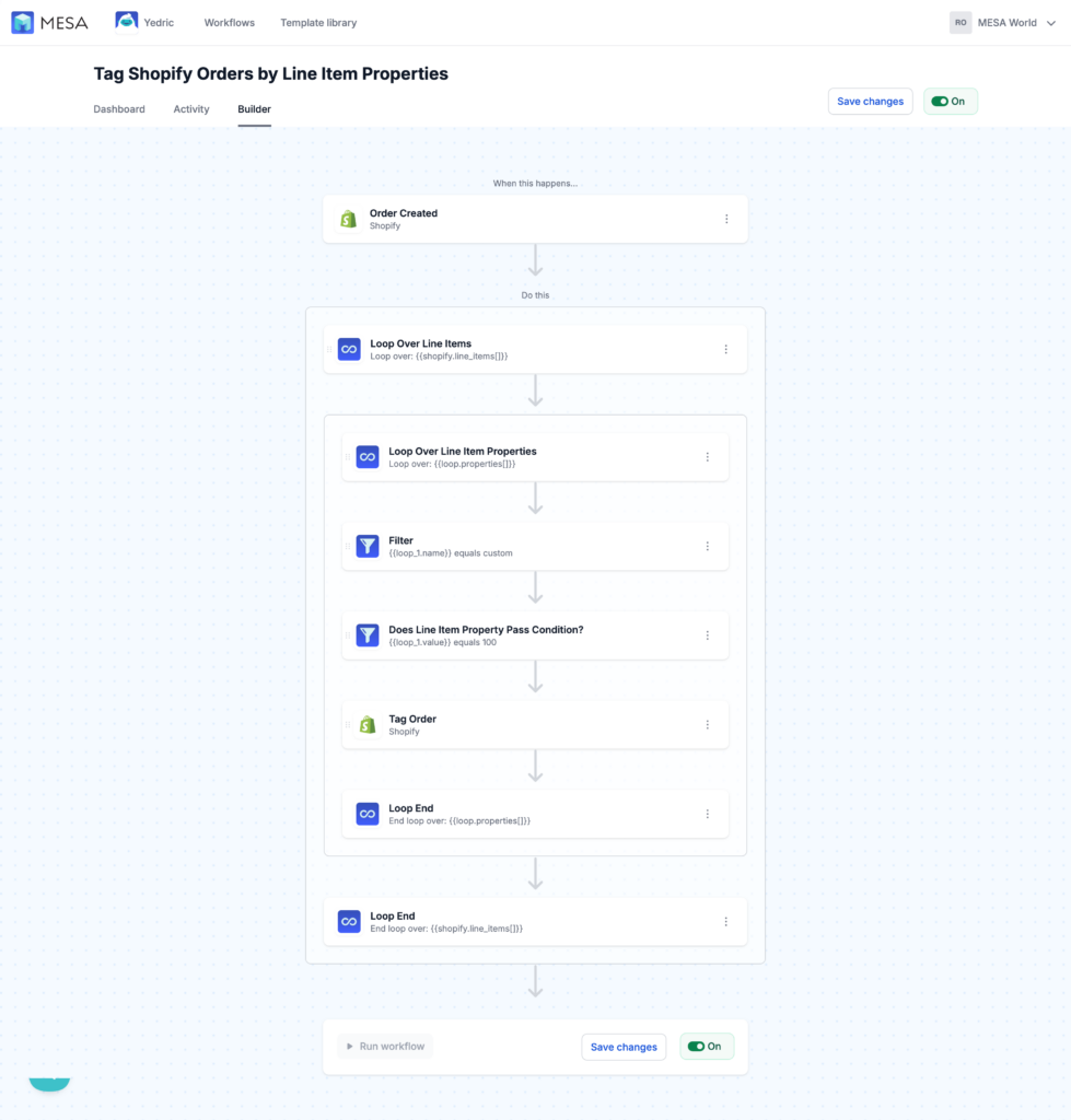 MESA Workflow: tag Shopify orders by line item properties