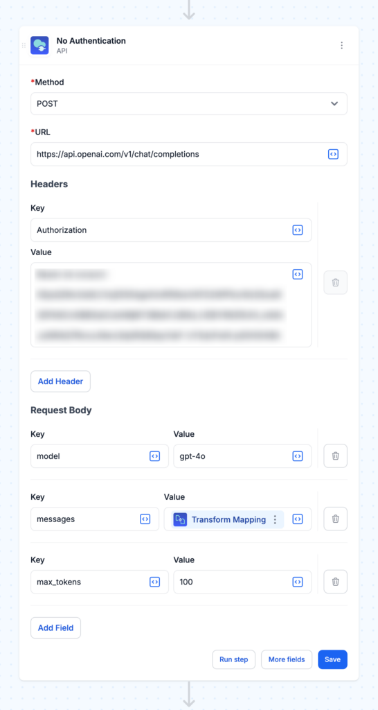 API step configuration showing the POST request setup with headers and body fields
