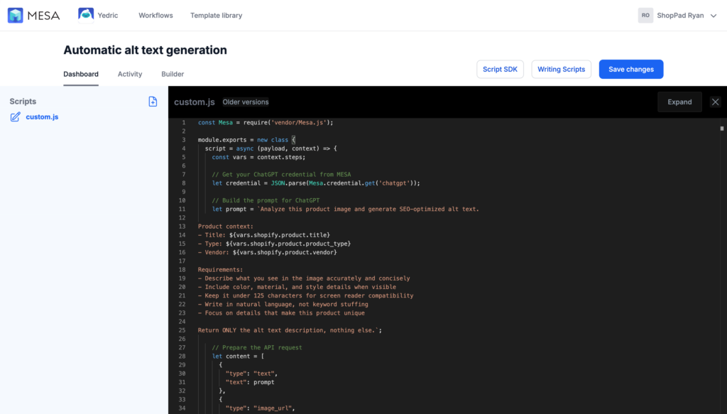 Custom Code step in MESA with the code editor opened