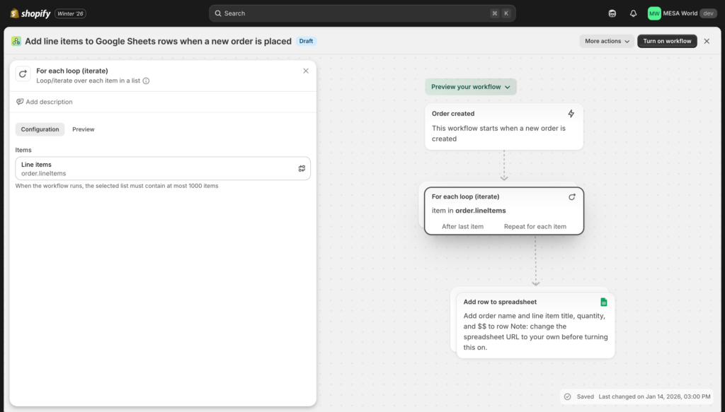 Loop configuration showing "For each" block