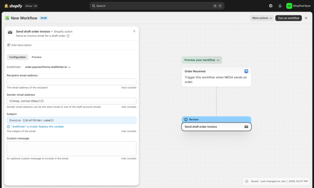 Flow trigger configuration showing expected data fields