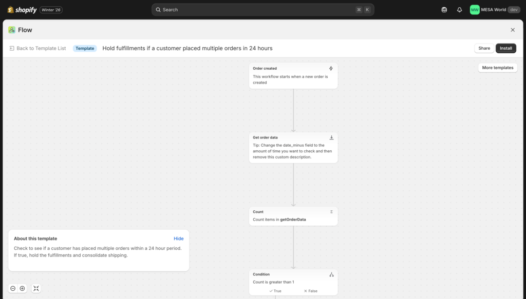 screenshot of shopify flow template: hold SFN fulfillments is risk is high