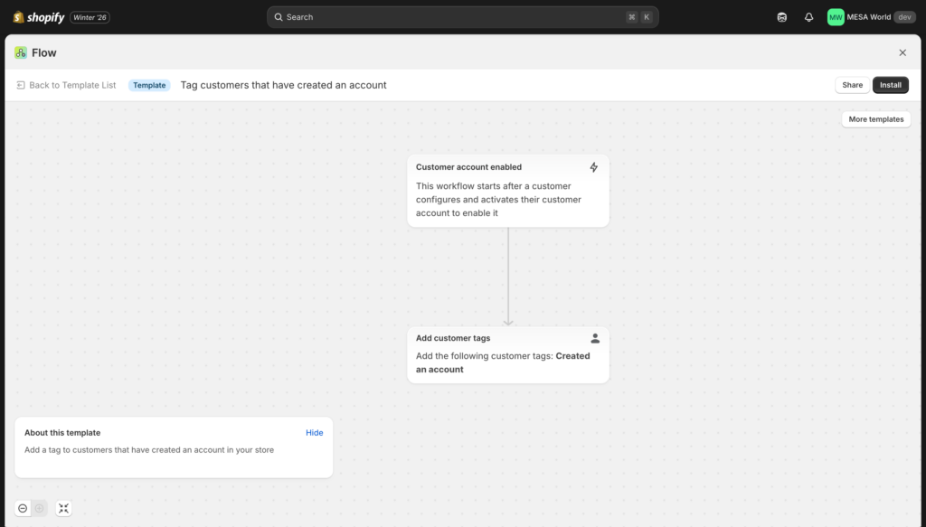 screenshot of Shopify Flow template: tag customer that created an account