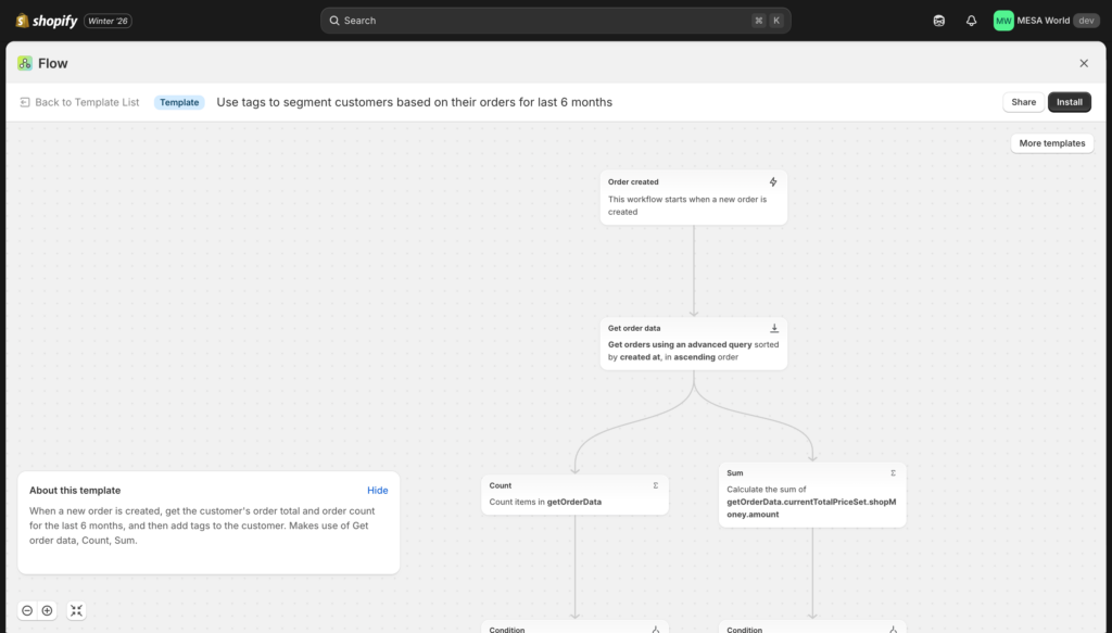 screenshot of shopify flow template: Use tags to segment customers based on their orders for last 6 months