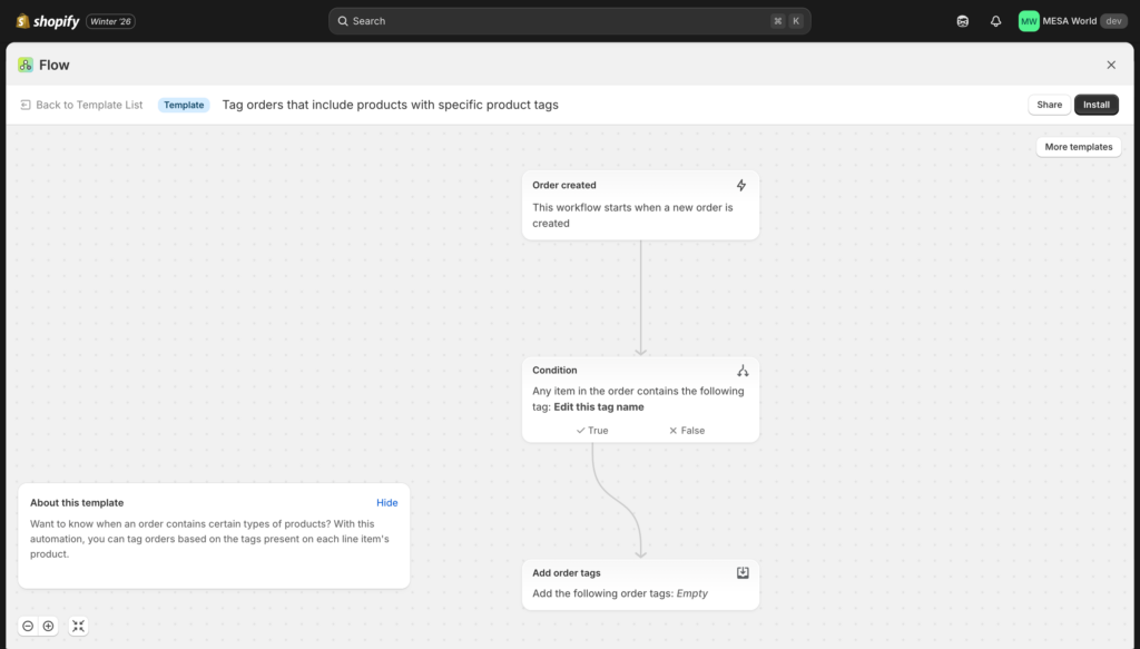 screenshot shopify flow template: Tag orders that include products with specific product tags