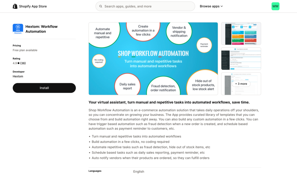 Hextom Shopify App Store listing