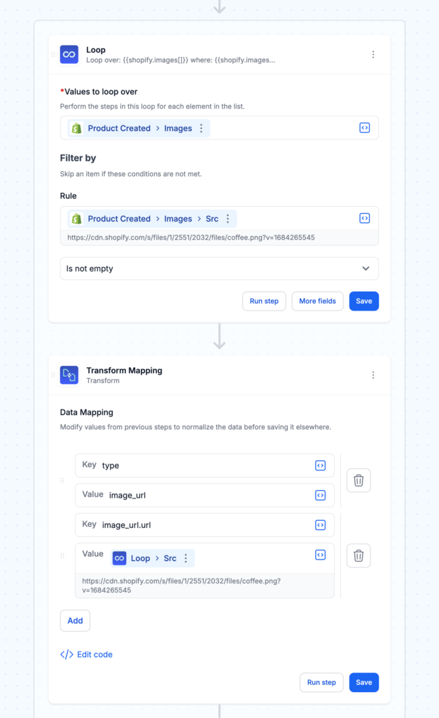 Loop configuration showing the transform mapping with type and image_url.url fields
