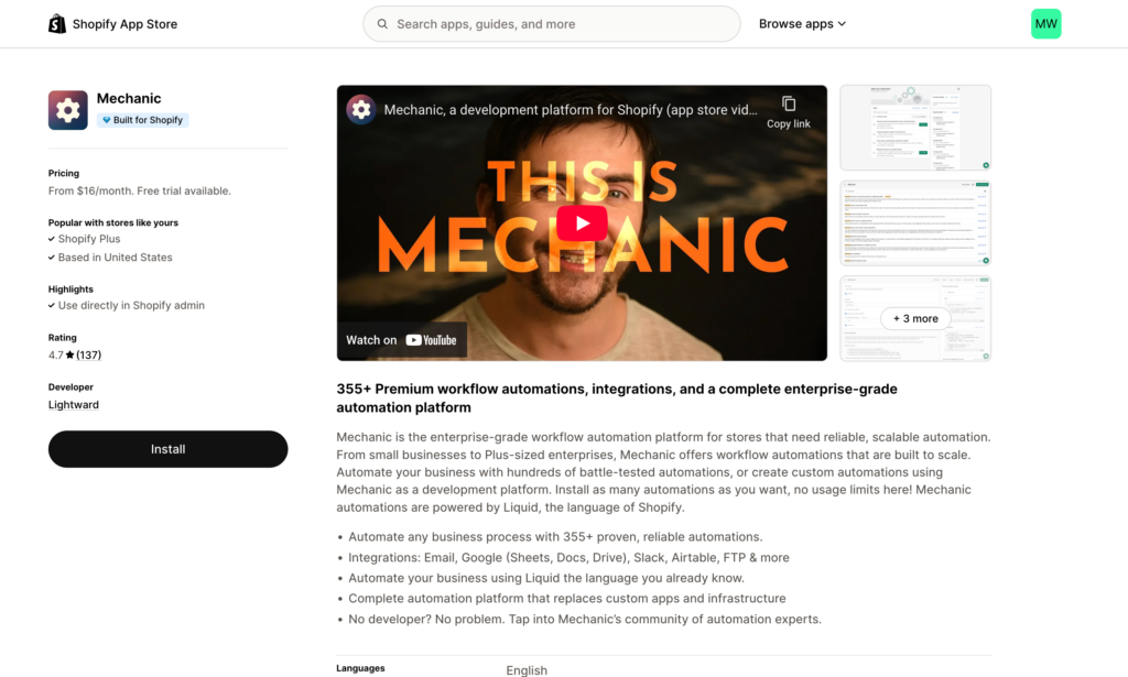 Mechnic - Shopify App Store listing