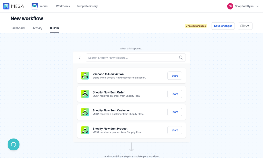 MESA workflow builder with Shopify Flow trigger