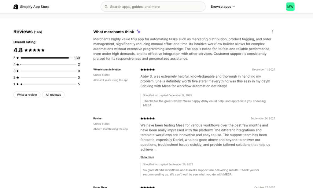 MESA customer reviews showing support quality ratings