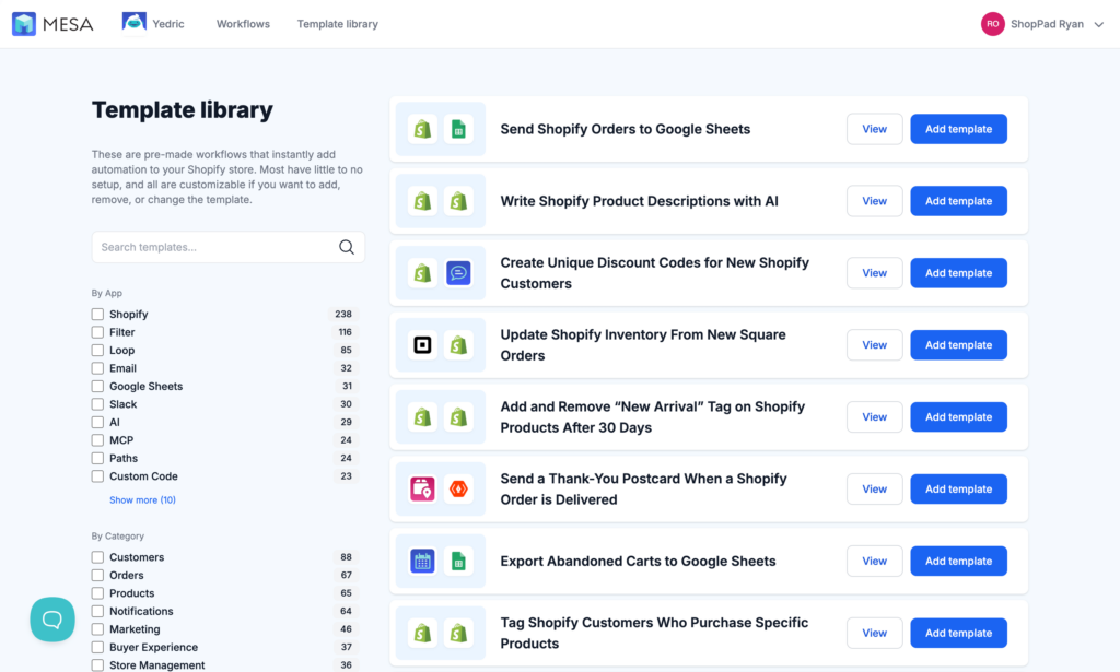 MESA pre-built automation workflow templates