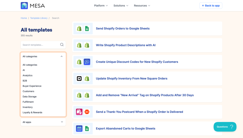 MESA template library filtered by category