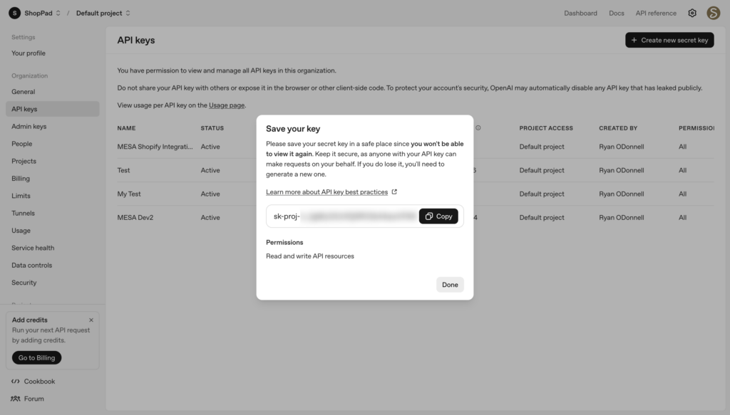 API key generation screen showing the one-time key display with copy button