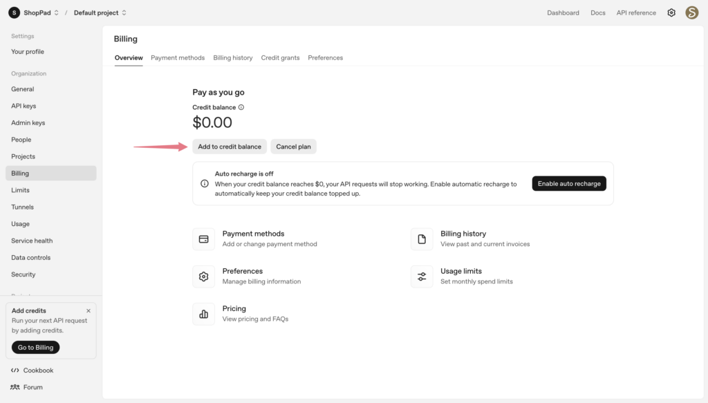 OpenAI billing page with "Add to balance" button highlighted