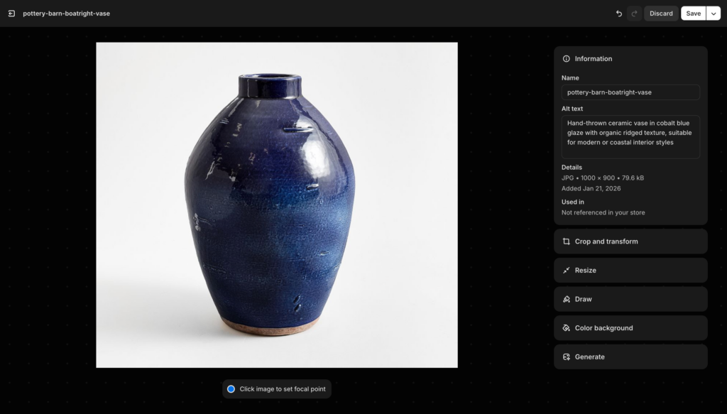 Shopify product edit page showing the image media library with one image selected and the alt text field filled with AI-generated description