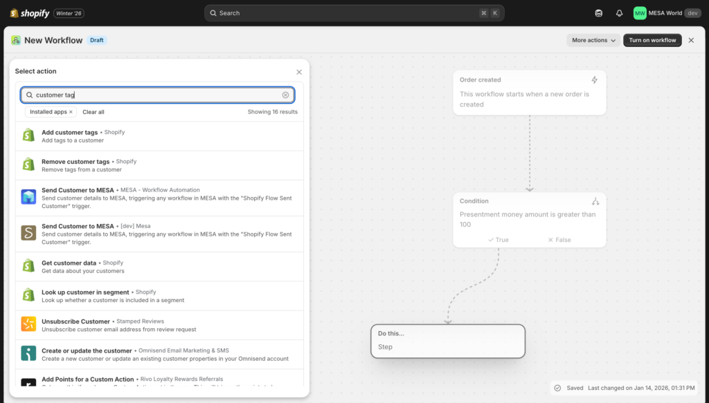 Action selection showing "Add customer tags" option
