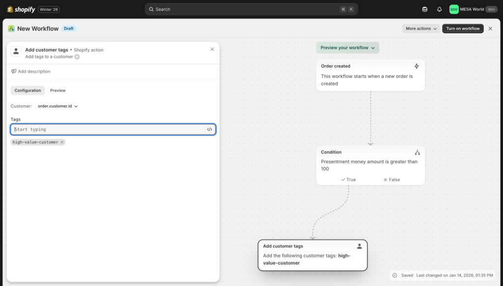 Add customer tags action configured with "high-value-customer" tag