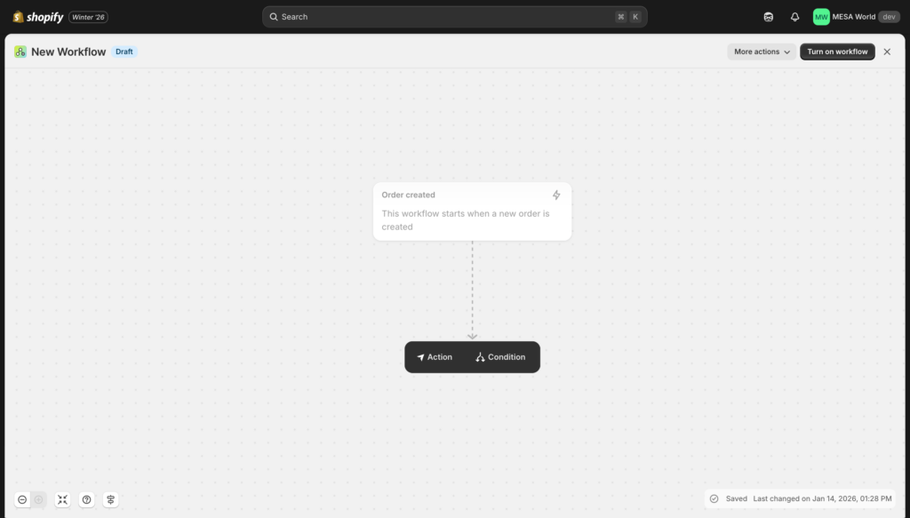 Workflow showing the + icon to add condition or action