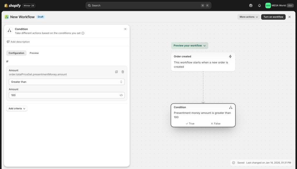 Condition builder showing "Order total price > 100" configuration