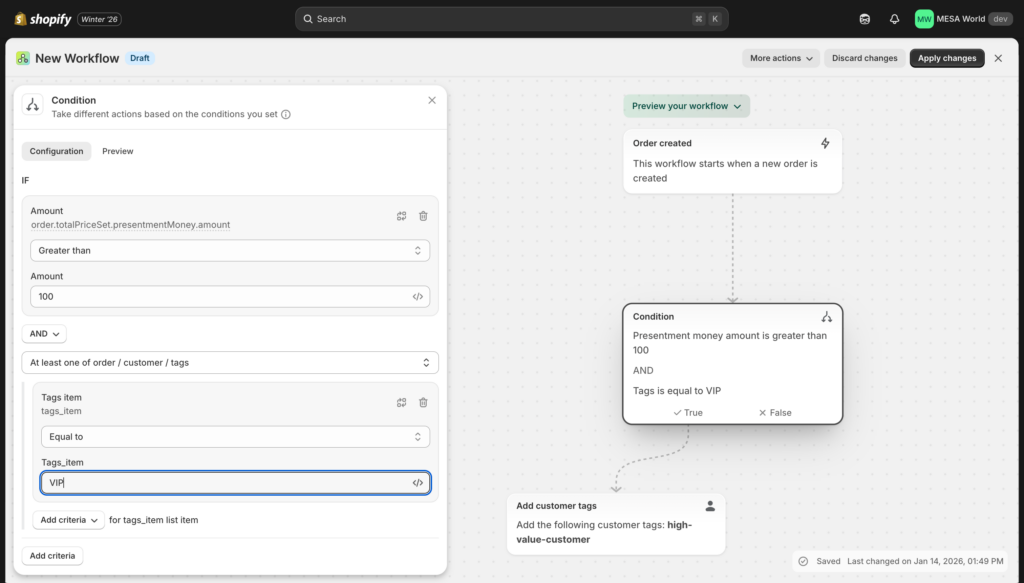 Condition builder showing nested AND/OR logic