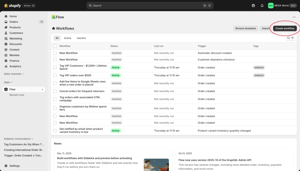 Flow dashboard with "Create workflow" button highlighted