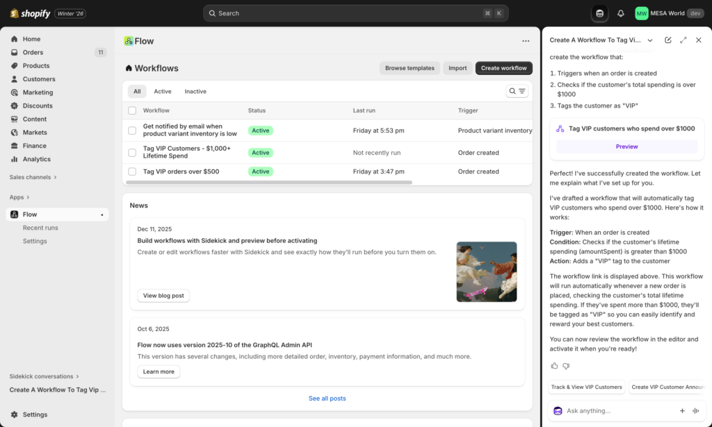 Shopify Flow dashboard with AI Sidekick workflow generation