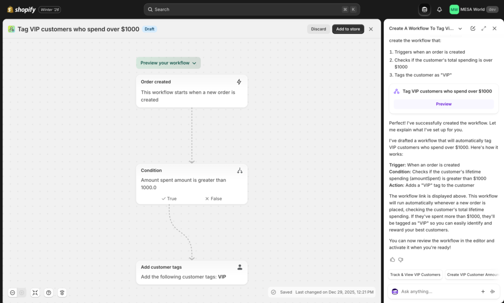 Shopify Flow Sidekick AI generating automated workflow from natural language