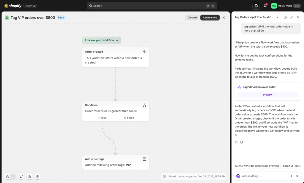 Shopify Flow automation builder interface 2026