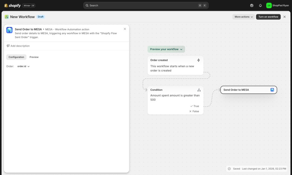 MESA action configuration in Flow